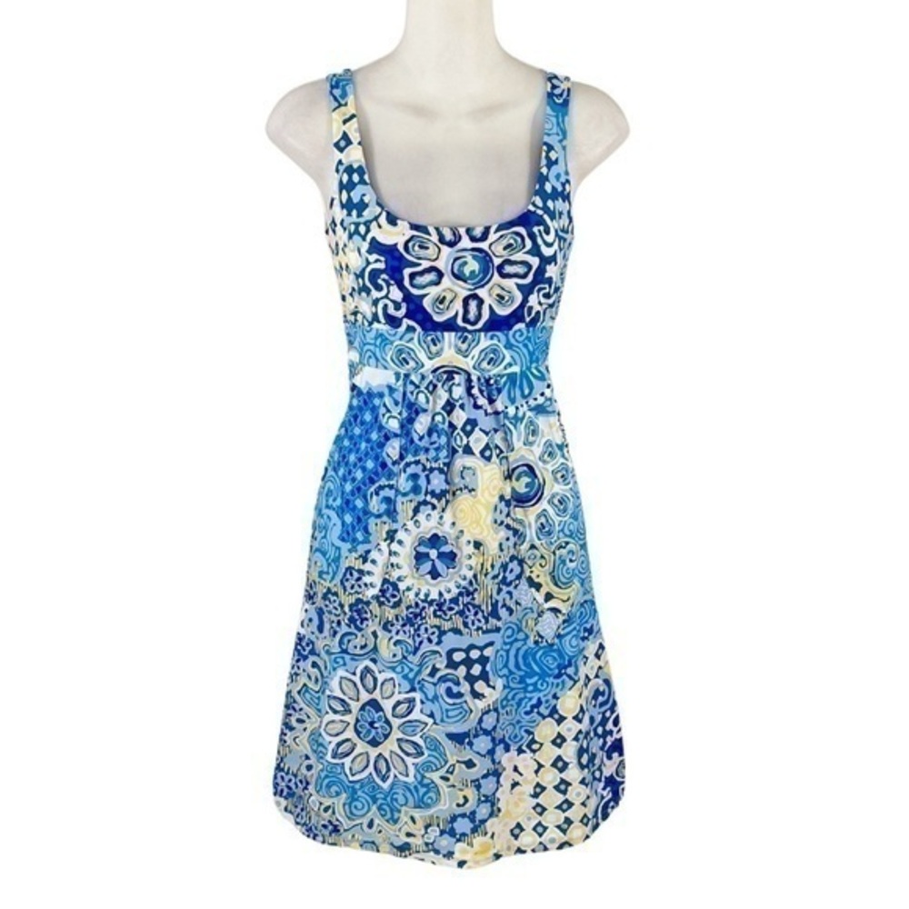 Jude Connally Blue Yellow White Vibrant Sun Design Print Scoopneck Pocket Dress